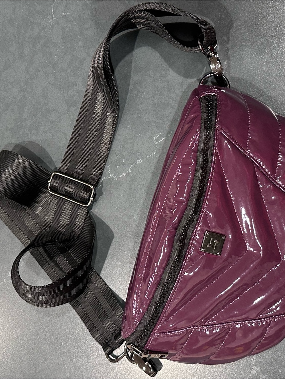 THINK ROYLN Plum Quilted Patent Crossbody Bag with Black Strap NWOT $108 MSRP